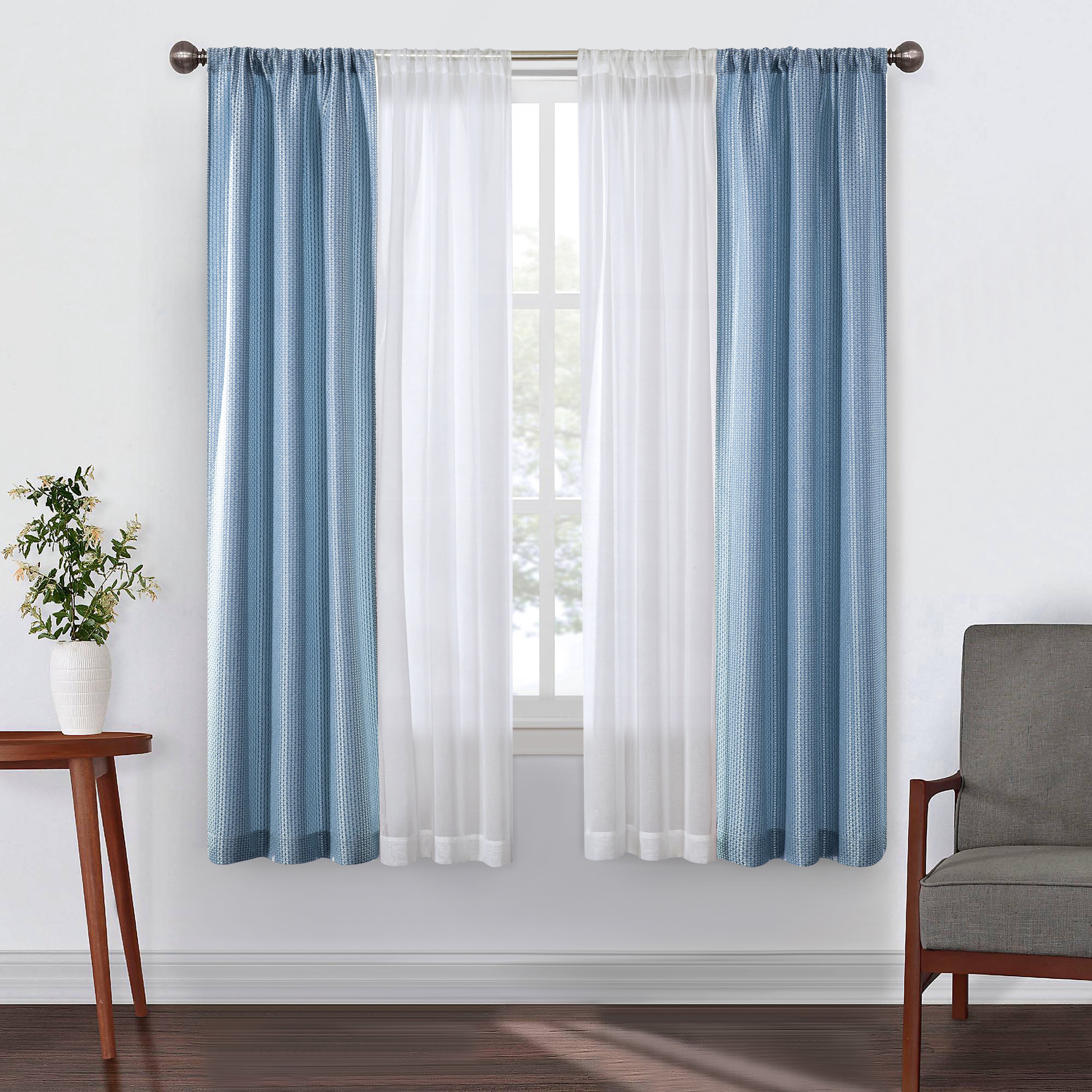 Better Homes & Gardens 4 Piece Light Blue Open Stitch & Solid Curtain & Sheer Panel Set, Light Blue, 74x95