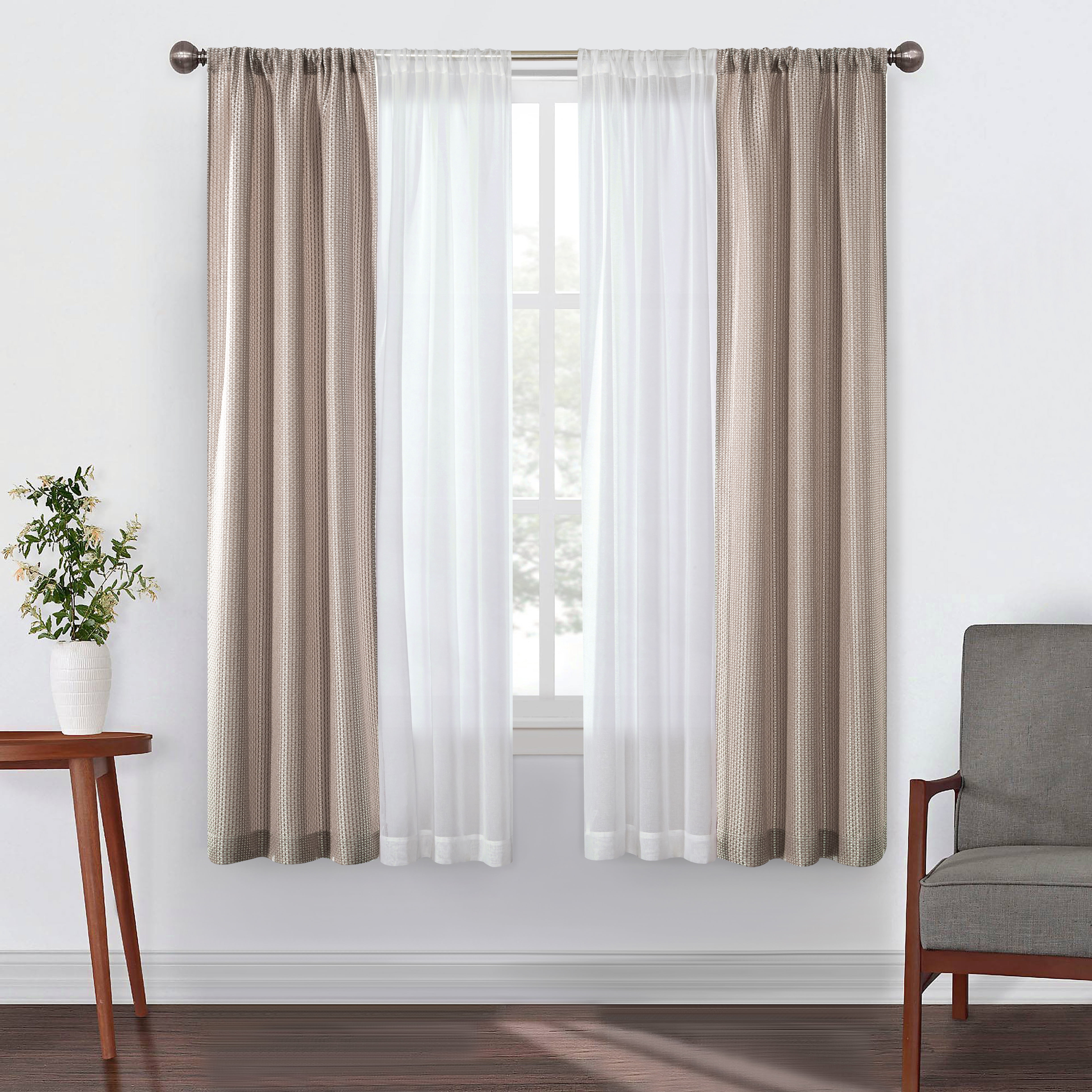 Better Homes & Gardens 4 Piece Taupe Open Stitch & Solid Curtain & Sheer  Panel Set, Taupe, 74x63