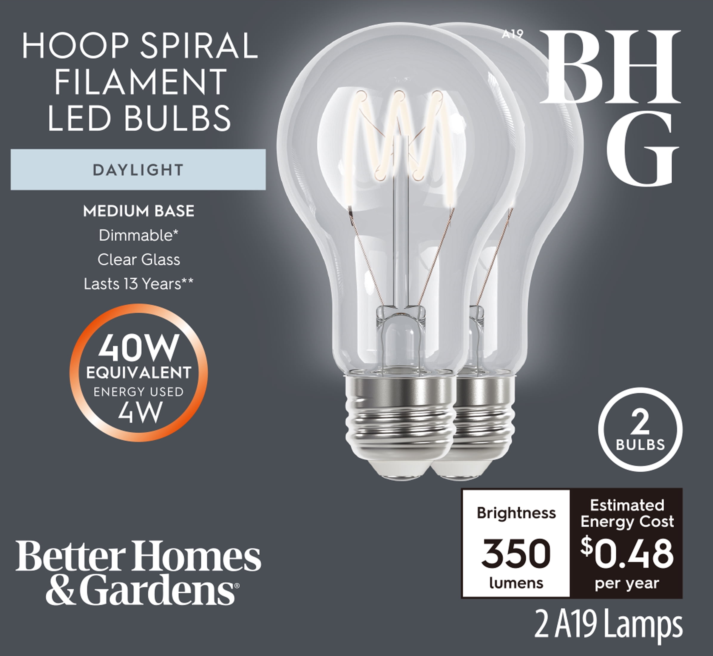 Better Homes & Gardens 4W (40W Equivalent) Daylight A19 Vintage LED Light Bulbs, E26 Base, 2 Pack