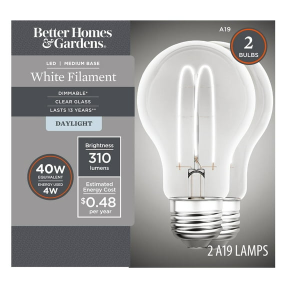 Better Homes & Gardens 4-Watts (40W Equivalent) Daylight Dimmable A19 Vintage Light Bulbs E26 Base, 2 Pack