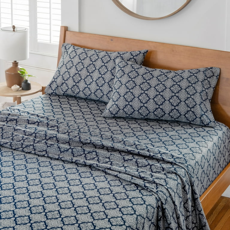Better Homes & Gardens 400 Thread Count Hygro Cotton Bed Sheet Set, Full,  Navy Ogee 