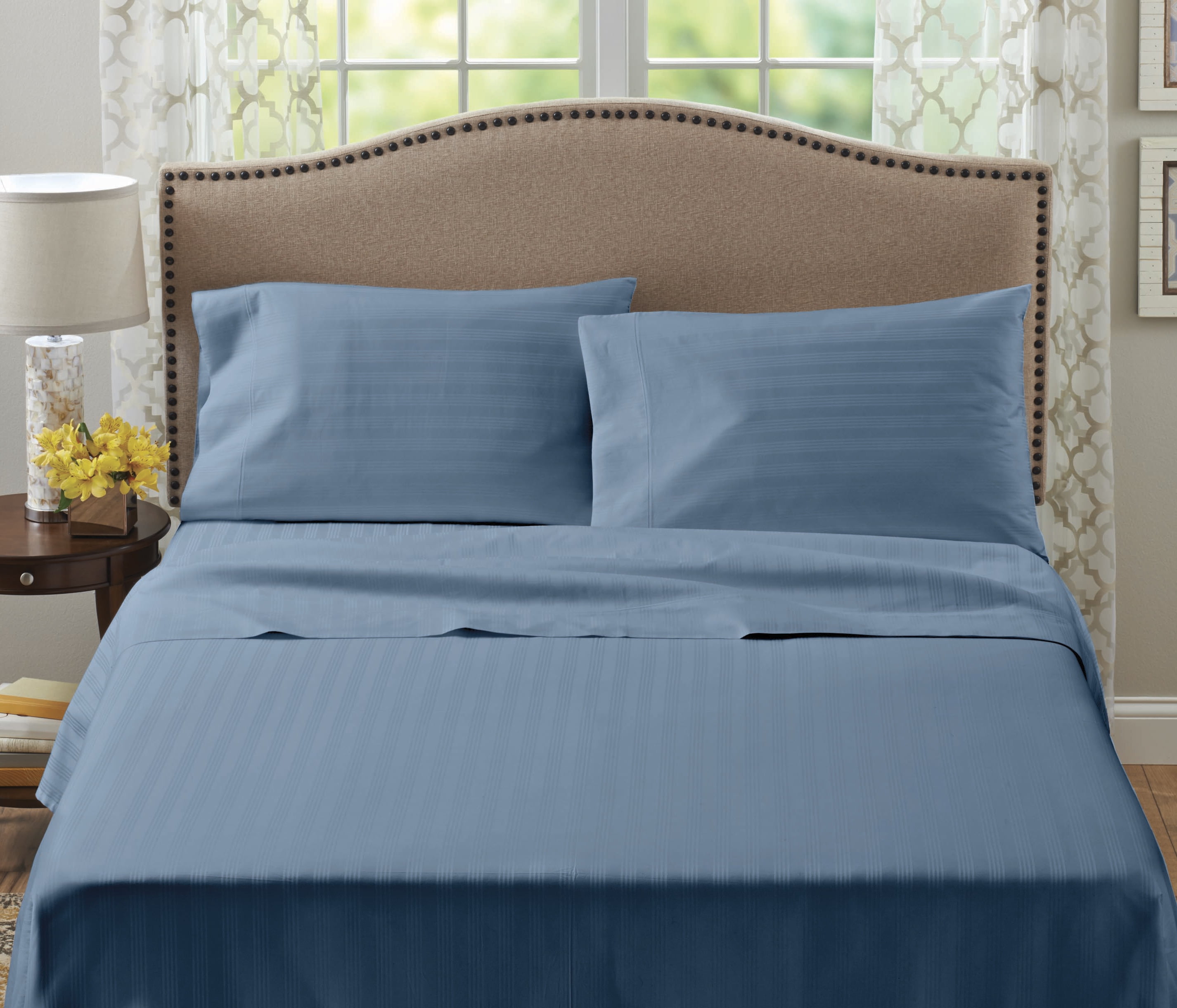 Better Homes & Gardens 400 Thread Count Hygro Cotton Sheet Set, Queen, Blue Damask