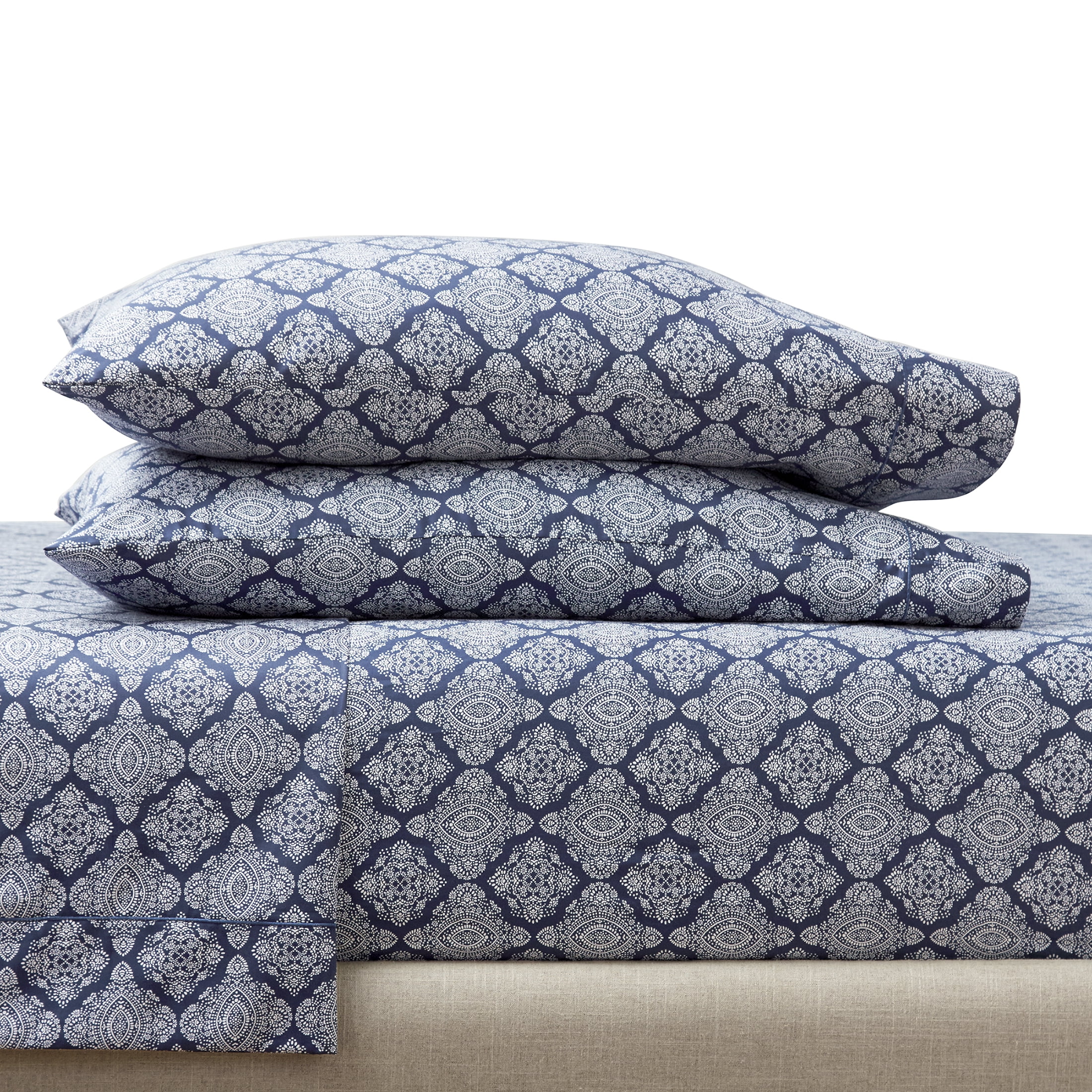 Navy Ogee King Cotton Pillowcase Set with 400 Thread Count