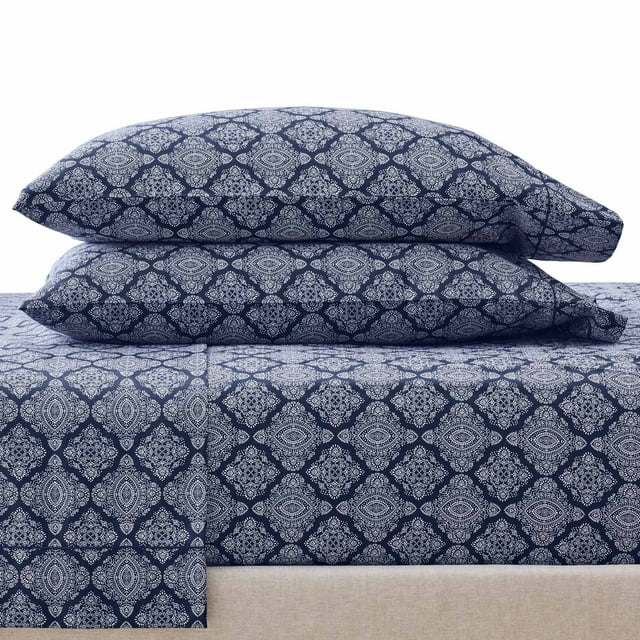 Better Homes & Gardens 400 Thread Count Performance Hygro Cotton Sheet Set, Navy Ogee, Queen
