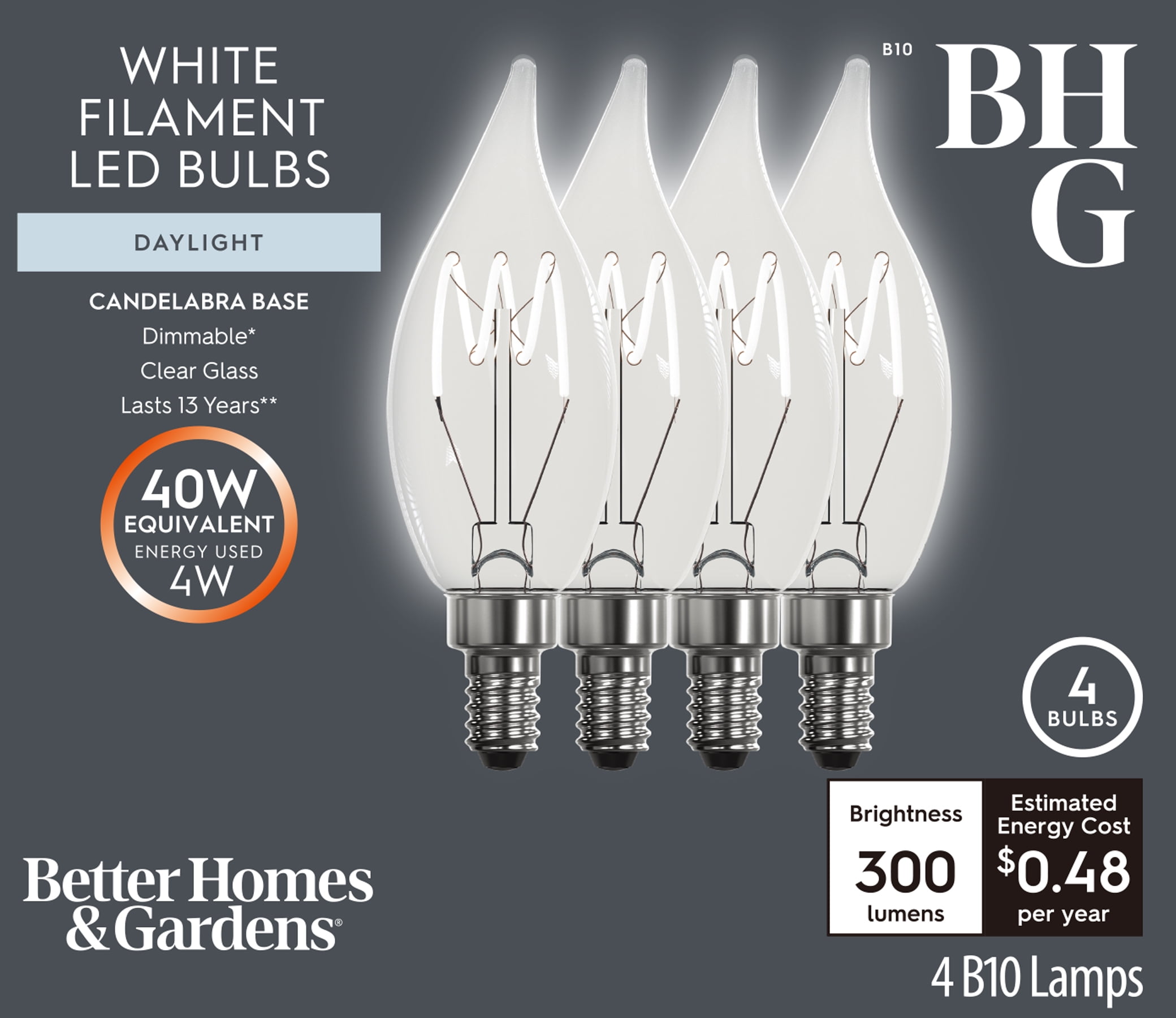 Better Homes & Gardens 4W (40W Equivalent) Daylight Dimmable CA10 White Filament Light Bulbs E12 Base 2 Pack