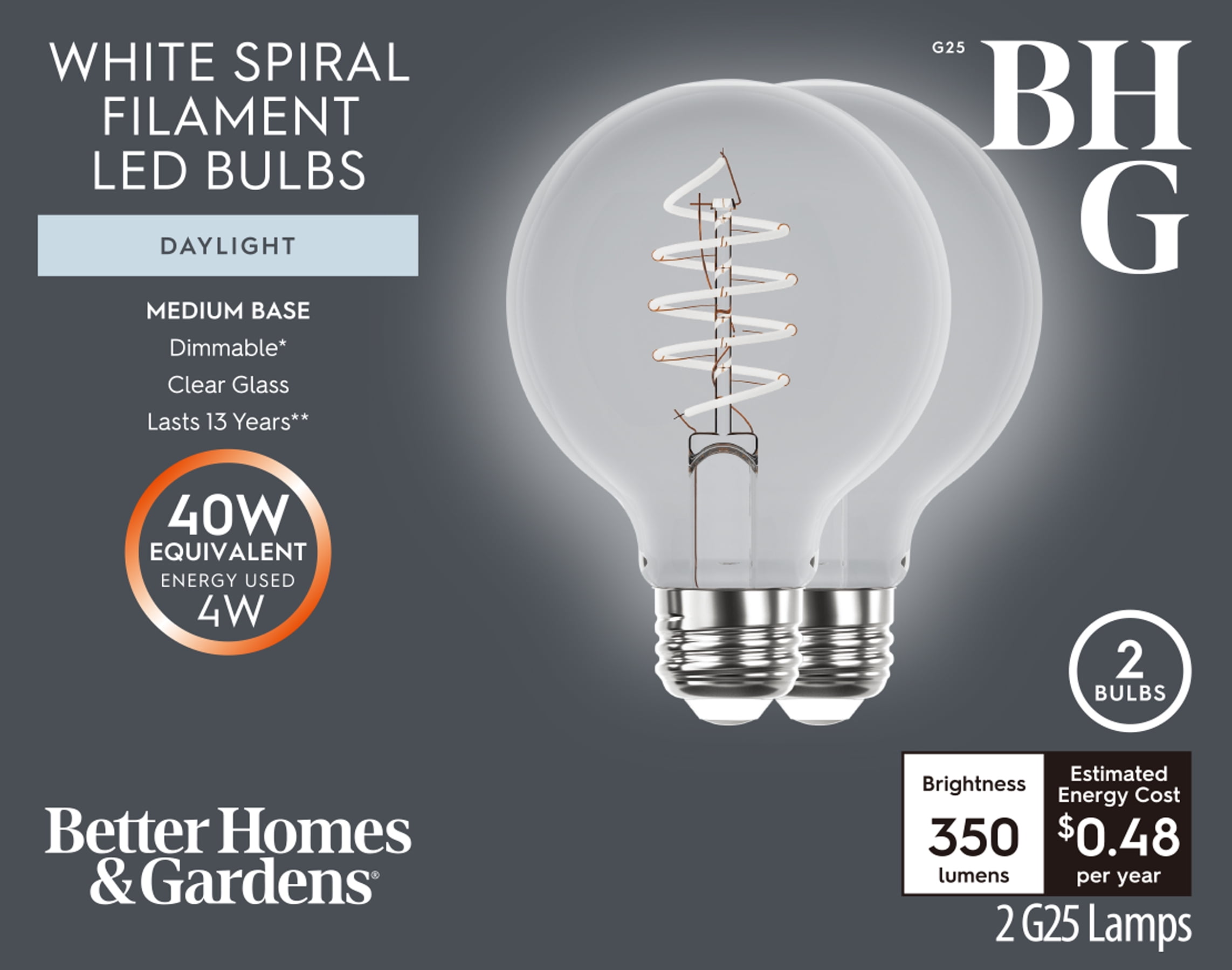 Better Homes & Gardens 4W (40W Equivalent) Daylight Dimmable G25 White Filament Light Bulbs E26 Base 2 Pack