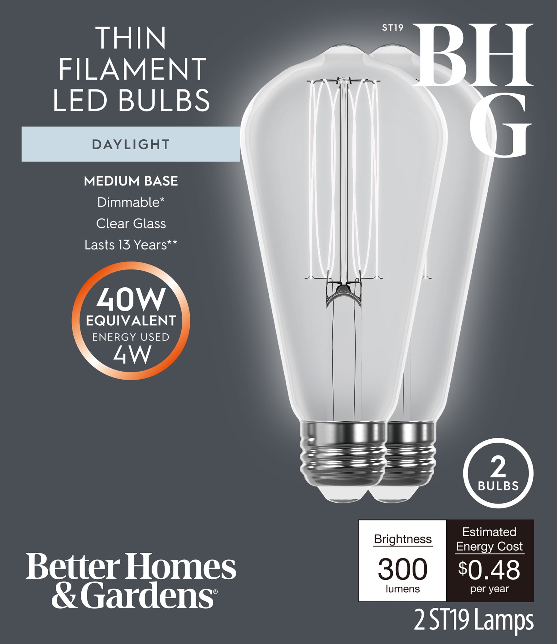 Better Homes & Gardens 4W(40W Equivalent) Daylight Dimmable ST19 Thin Filament Light Bulb E26 Base 2 Pack