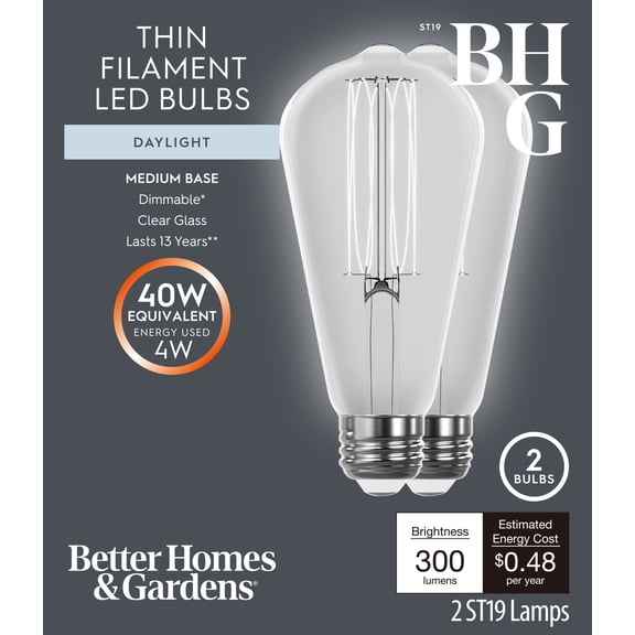 Better Homes & Gardens 4W(40W Equivalent) Daylight Dimmable ST19 Thin Filament Light Bulb E26 Base 2 Pack