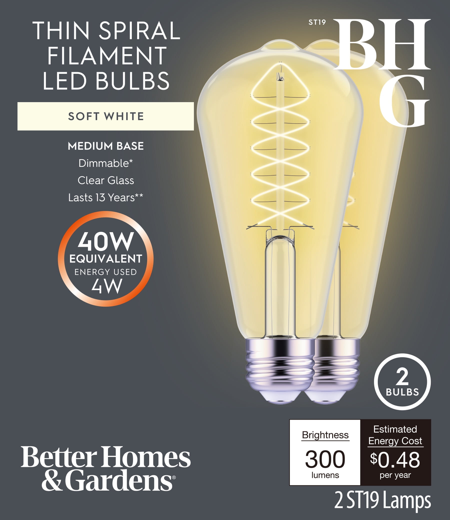 Better Homes & Gardens 4W(40W Equivalent) Soft White Dimmable ST19 Thin Filament Light Bulb E26 Base 2 Pack