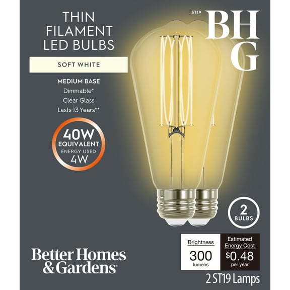 Better Homes & Gardens 4W(40W Equivalent) Soft White Dimmable ST19 Thin Filament Light Bulb E26 Base 2 Pack