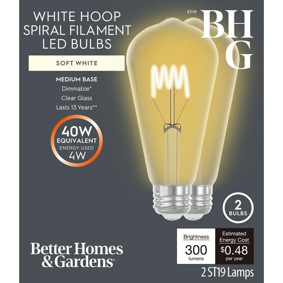 Better Homes & Gardens 4W (40W Equivalent) Soft White Dimmable ST19 White Filament Light Bulb E26 Base 2 Pack
