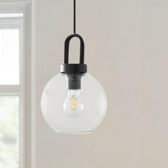Better Homes & Gardens 59” Black Pendant Ceiling Light, Metal Base Glass Shade, LED Bulb Included CA