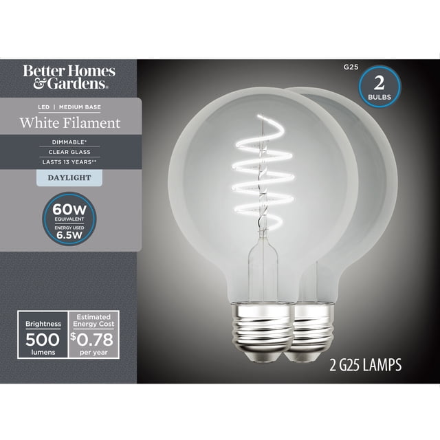 Better Homes & Gardens 6.5W (60W Equivalent) Daylight Dimmable G25 ...