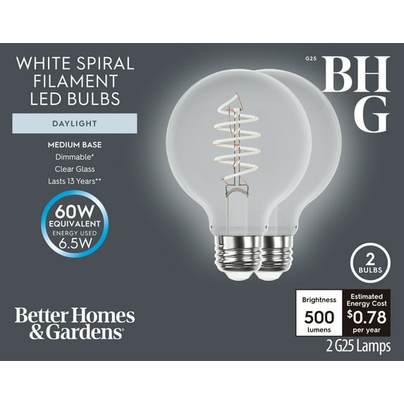 Better Homes & Gardens 6.5W (60W Equivalent) Daylight Dimmable G25 White Filament Light Bulbs E26 Base 2 Pack