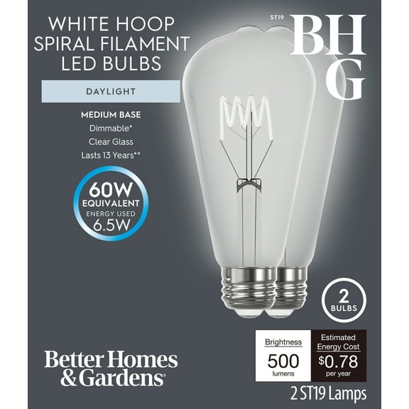 Better Homes & Gardens 6.5W (60W Equivalent) Daylight Dimmable ST19 White Filament Light Bulb E26 Base 2 Pack