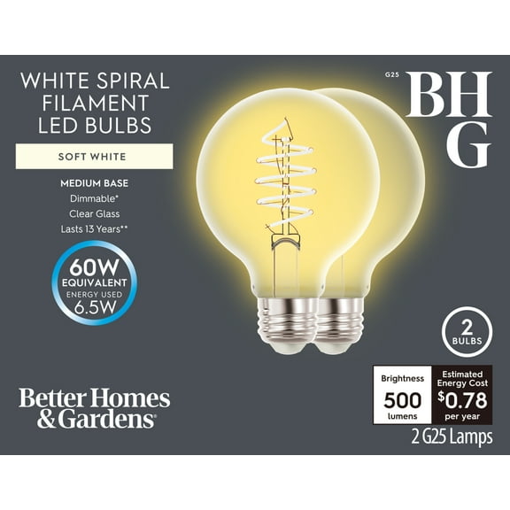 Better Homes & Gardens 6.5W (60W Equivalent) Soft White Dimmable G25 White Filament Light Bulbs E26 Base 2 Pack