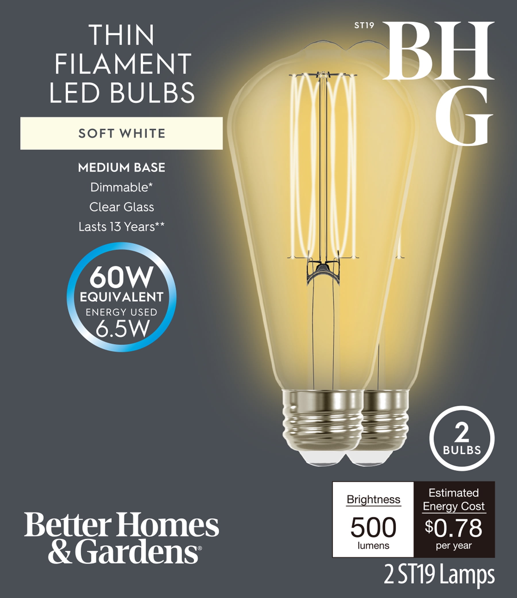 Better Homes & Gardens 6.5W (60W Equivalent) Soft White Dimmable ST19 Thin Filament Light Bulb E26 Base 2 Pack