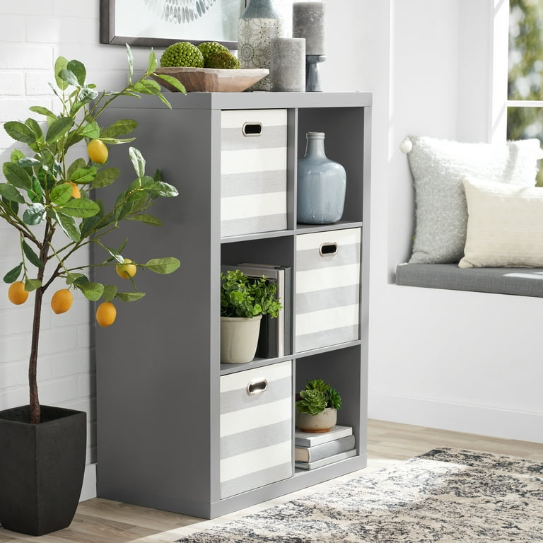 Wooden Cube Shelf Organizer Set Table. Includes Six Fabric Grey Storage Bins!