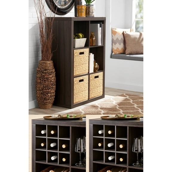 Better Homes & Gardens 6 Cube with 2 Better Homes & Gardens Bottle Storage Cube Inserts, Tobacco Oak