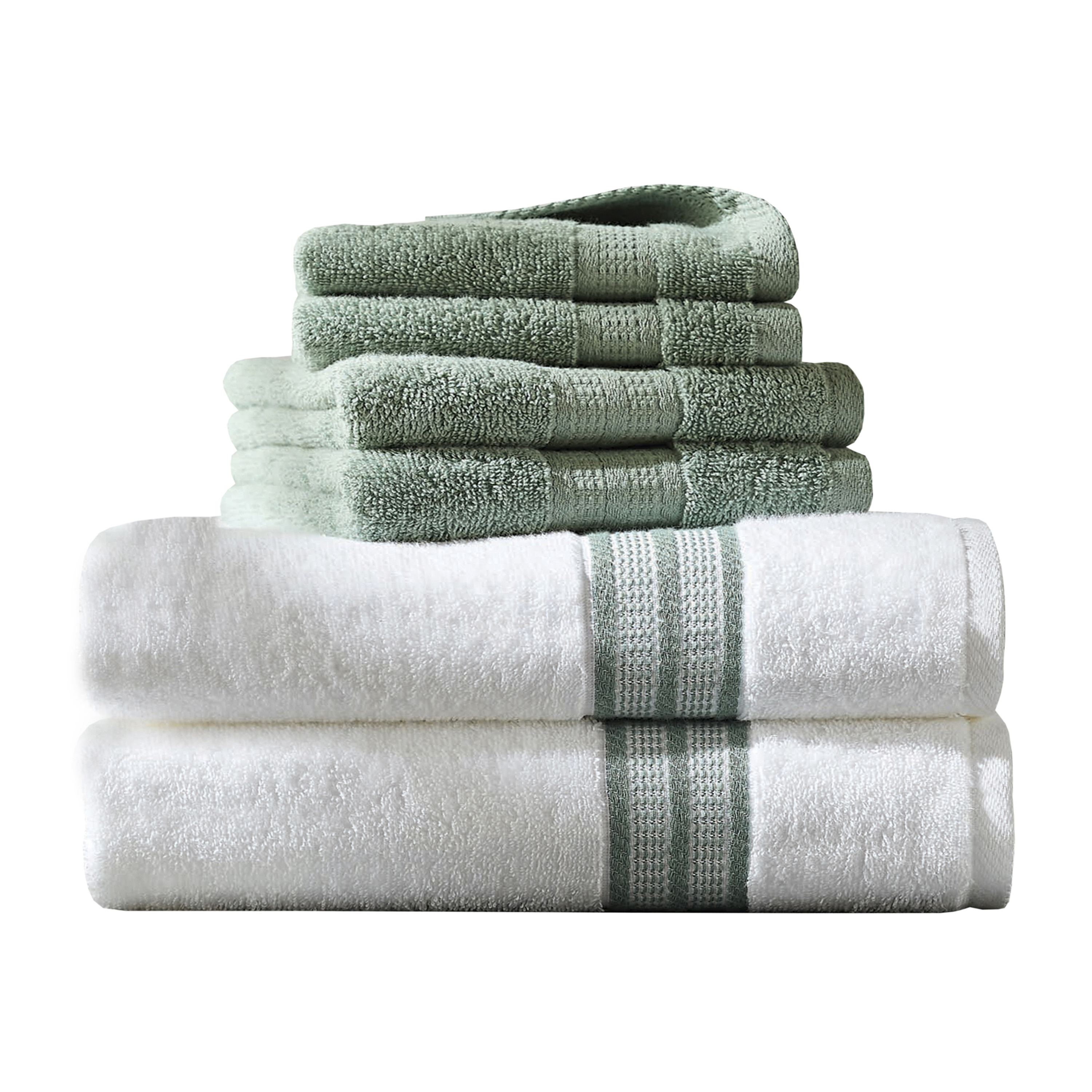 Better Homes & Gardens 6-Piece Bath Towel Set, Green Solid/Stripe - image 1 of 12