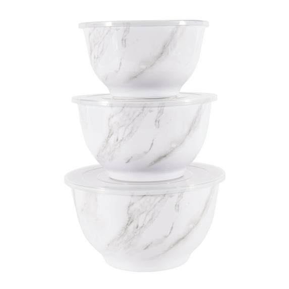 Better Homes & Gardens 6-Piece Melamine Serving Bowl Set with Lids, White Marble Print