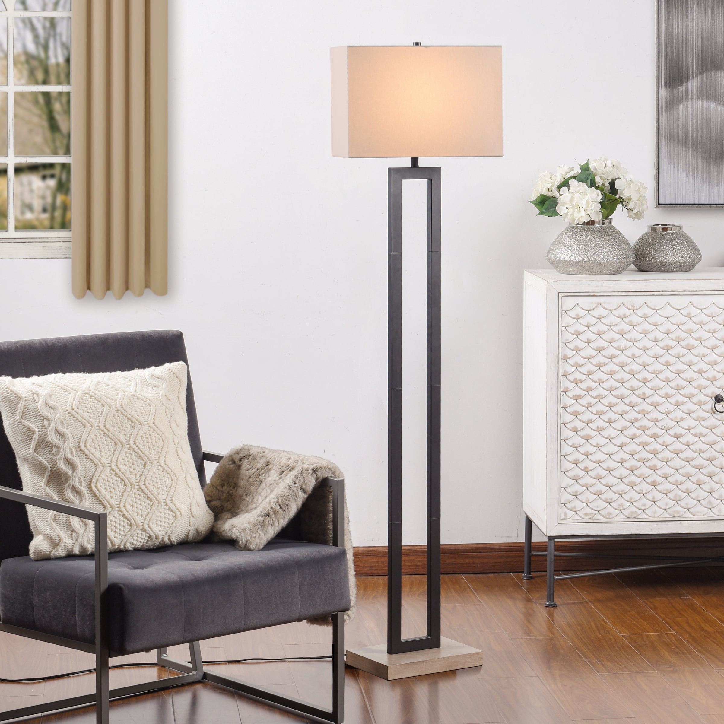 Better Homes & Gardens 61"H Metal Windowpane Floor Lamp, Black Finish with Faux Wood Base