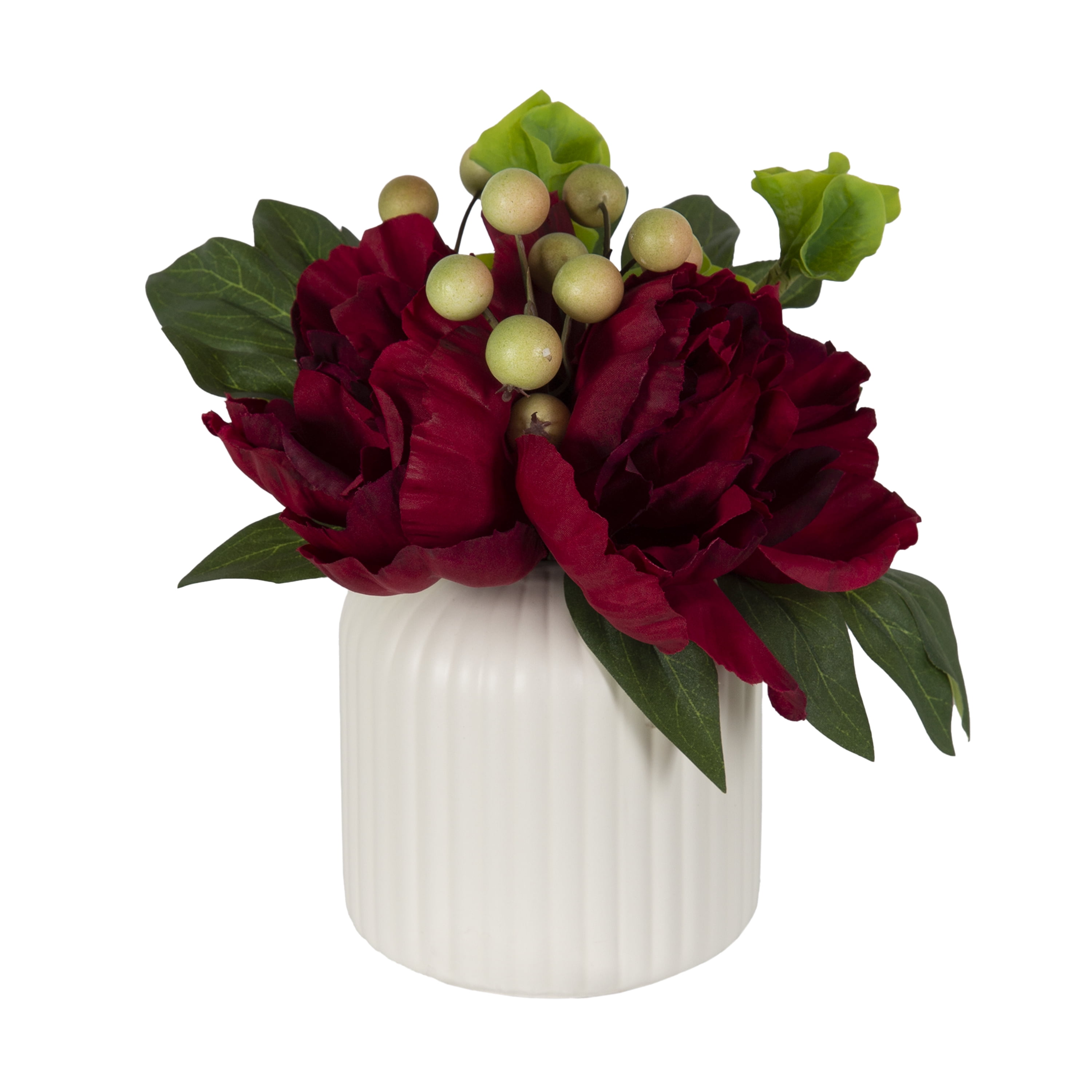 Better Homes & Gardens 7.5" Artificial Red Peony Flowers in Ribbed off-White Ceramic Vase