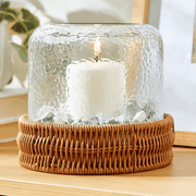 Better Homes & Gardens 7" Decorative Clear Hammered Glass Hurricane Pillar Candle Holder with Brown Woven Base