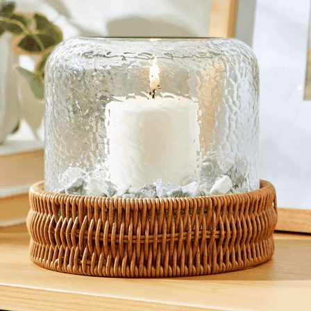 Better Homes & Gardens 7" Decorative Clear Hammered Glass Hurricane Pillar Candle Holder with Brown Woven Base