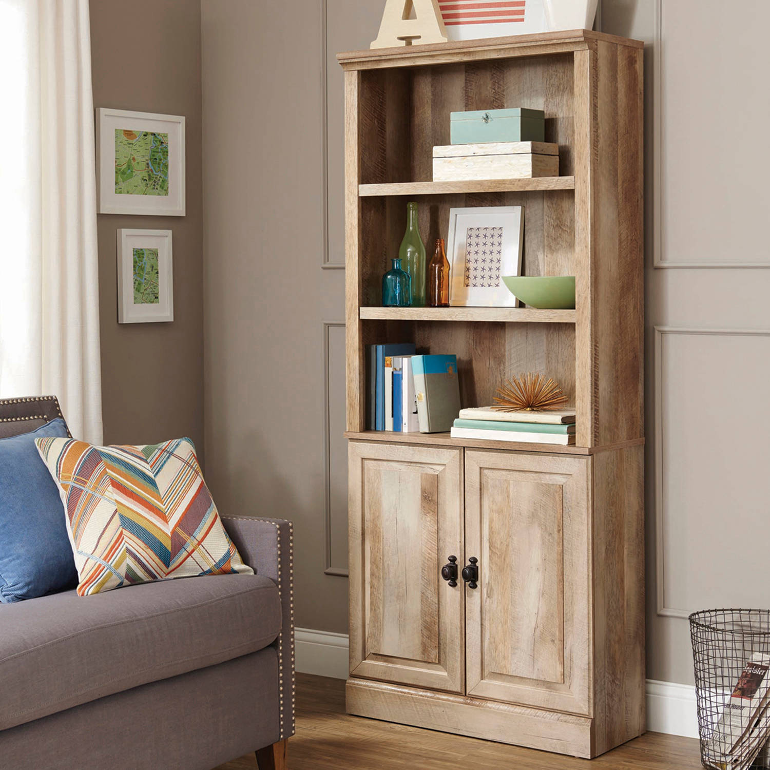 Better Homes & Gardens 71" Crossmill 5 Shelf Bookcase with Doors, Weathered Wood Finish - image 1 of 10