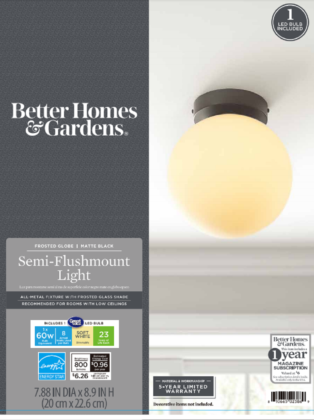 Better Homes & Gardens 8" Classic Semi Flush Mount Ceiling Light, Black Finish Frosted Glass Shade