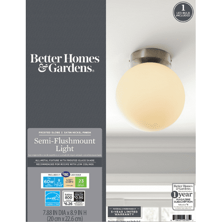 Better Homes & Gardens 8" Indoor Traditional Semi Flush Mount Ceiling Light, Nickel Finish Glass Shade