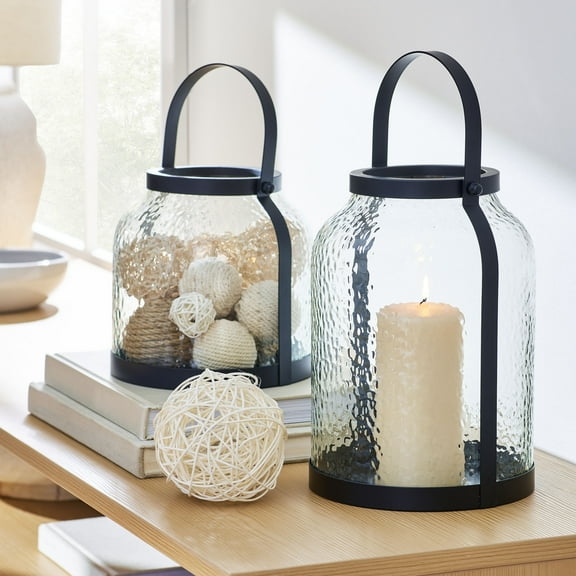 Better Homes & Gardens Black Metal Hammered Glass Candleholder Lantern, 8", Medium