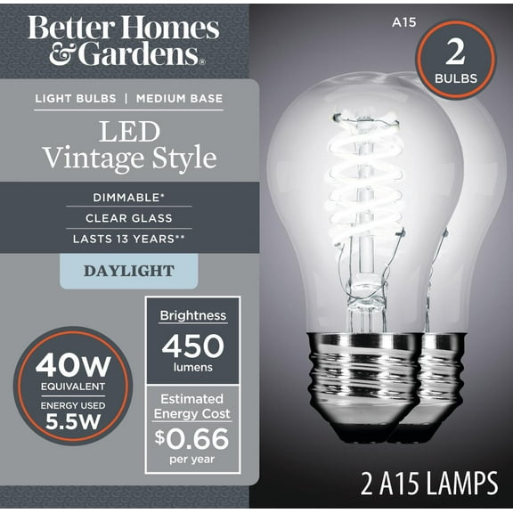 Better Homes & Gardens A15 Vintage LED Light Bulb, 40 Watts, Daylight, E26, Dimmable, 2 Pk