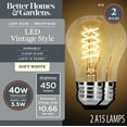 thumbnail image 1 of Better Homes & Gardens A15 Vintage LED Light Bulb, 40 Watts, Soft White Filament, E26, Dim, 2 Pk, 1 of 13