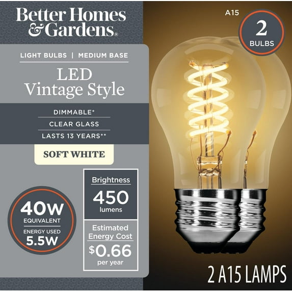Better Homes & Gardens A15 Vintage LED Light Bulb, 40 Watts, Soft White Filament, E26, Dim, 2 Pk