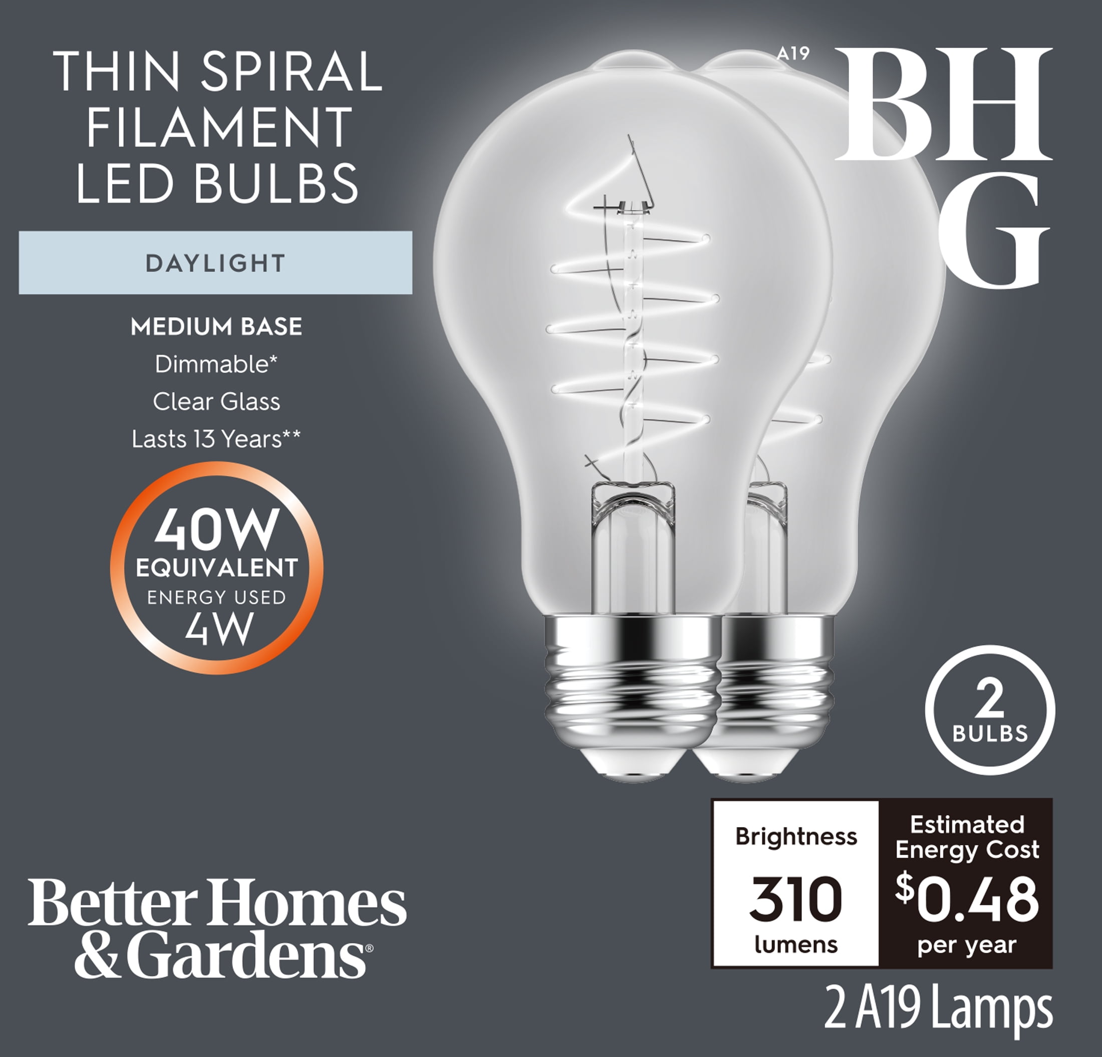 Better Homes & Gardens A19 LED Vintage Light Bulb, 4 Watts (40W Equivalent), Daylight, Thin Filament, E26, 2PK