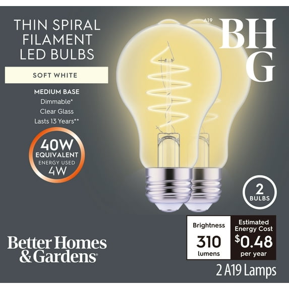 Better Homes & Gardens A19 LED Vintage Light Bulb, 4 Watts (40W Equivalent), Soft White, Thin Filament, E26, 2PK