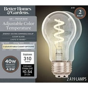 Better Homes & Gardens A19 LED Vintage Light Bulbs, 4.5W (40W Equivalent), E26 Base, Spiral Filament, Clear Glass, 2-Pack