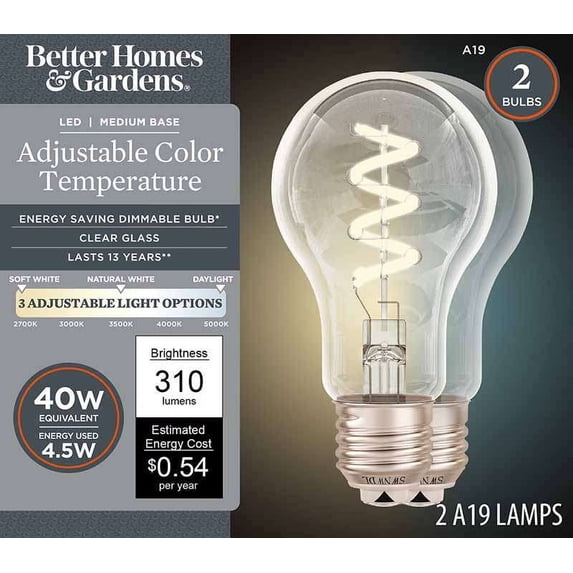 Better Homes & Gardens A19 LED Vintage Light Bulbs, 4.5W (40W Equivalent), E26 Base, Spiral Filament, Clear Glass, 2-Pack