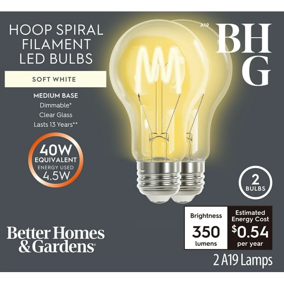 Better Homes & Gardens A19 Vintage LED Bulb, 4.5W (40W Equiv.), Medium Base, Dimmable (2 Pack)
