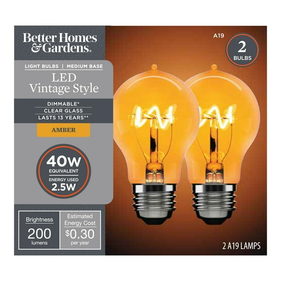 Better Homes & Gardens A19 Vintage LED Light Bulb, 40W Eqv, Dim, Tip and Filament, E26, Amber - 2 Pk