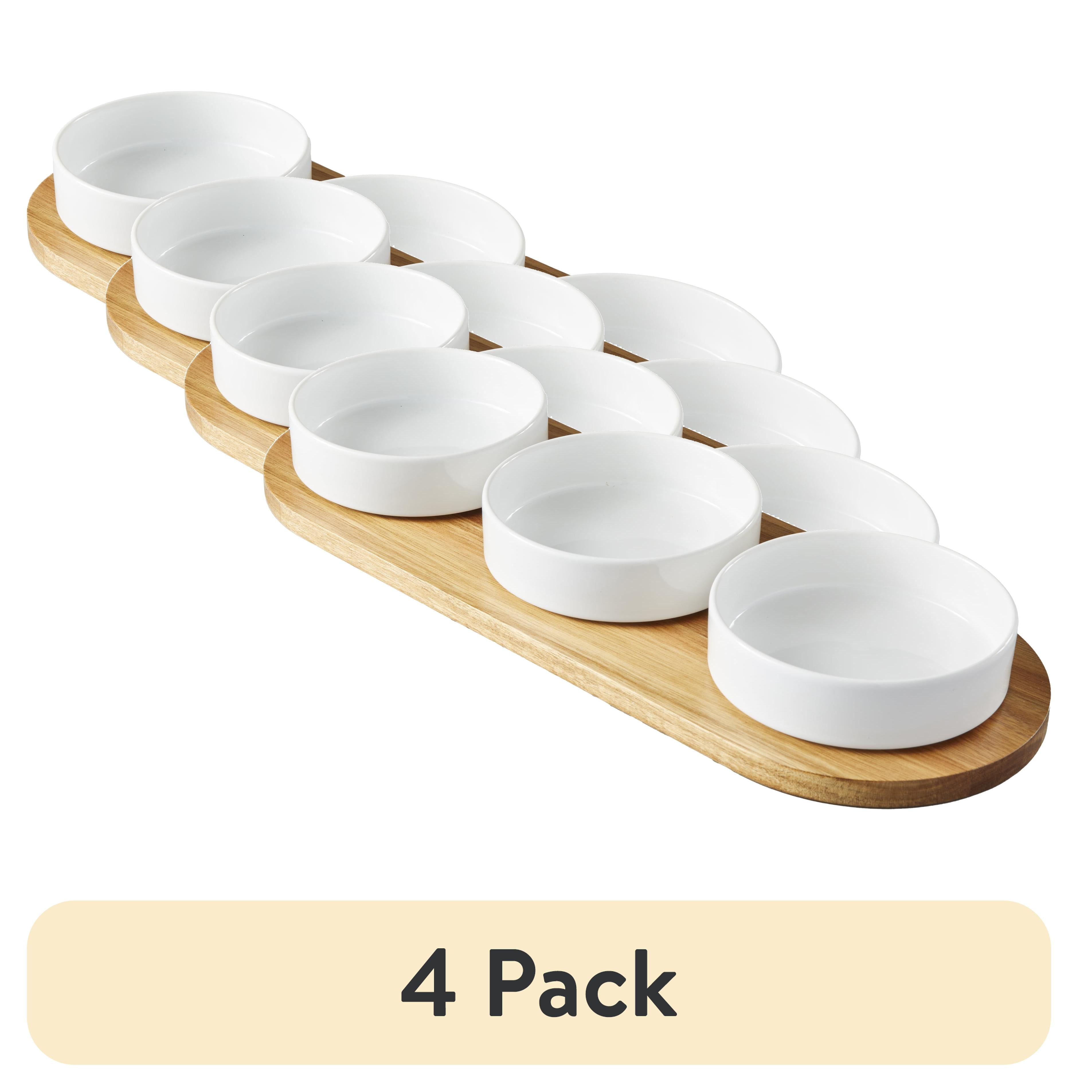 Acacia Wood Tray with White Ceramic Condiment Bowls