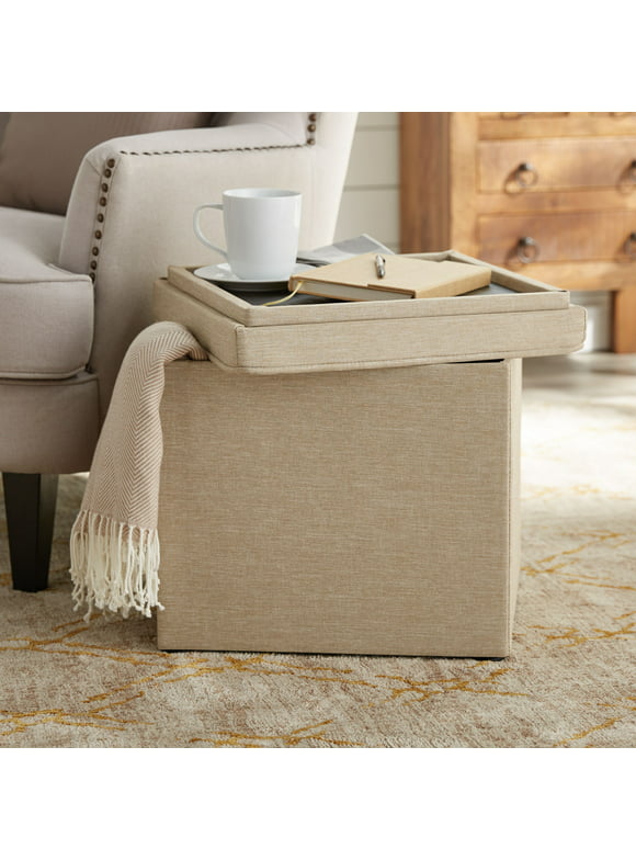 Better Homes & Gardens Addison Storage Ottoman with Tray, 16 Inch, Tan
