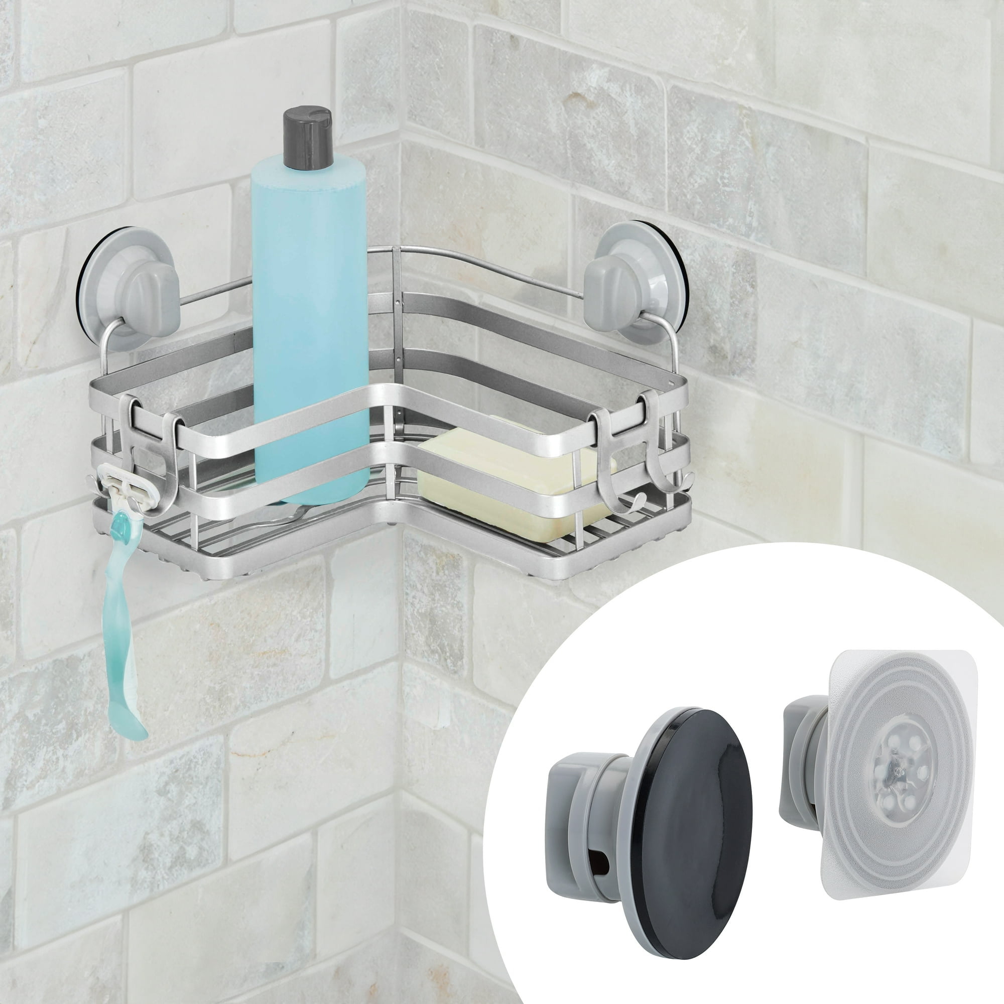 Better Homes & Gardens Adhesive or Suction Mount L-Shape Steel Shower Storage Basket, Satin Nickel