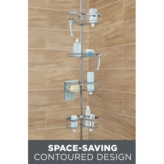 Better Homes & Gardens Adjustable Tension Steel Shower Pole Caddy, 4 Shelves, Satin Nickel