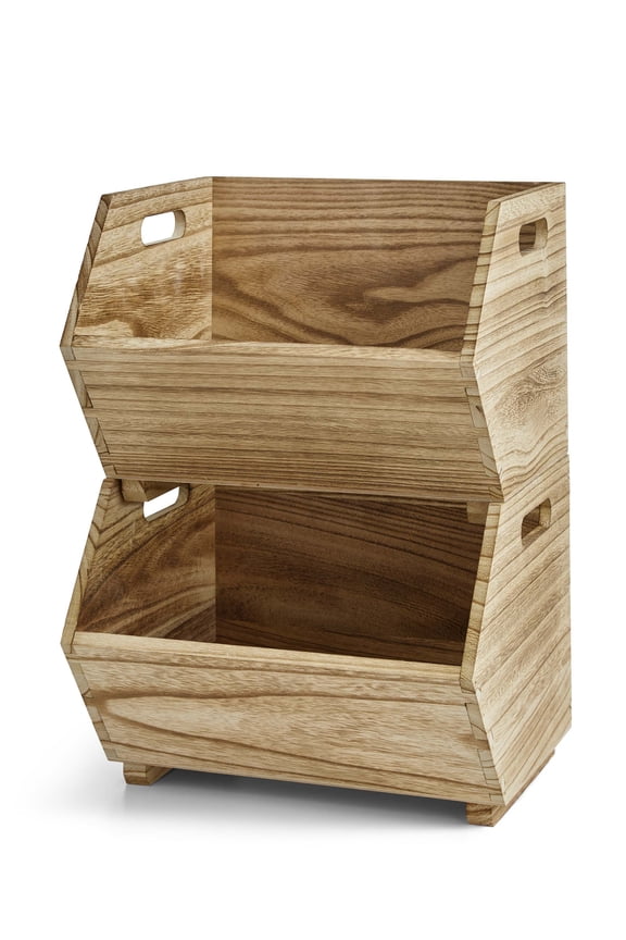 2-Piece Set Natural Wood Stacking Open Front Decorative Storage Bins, 11 in x 16.5 in x 10 in