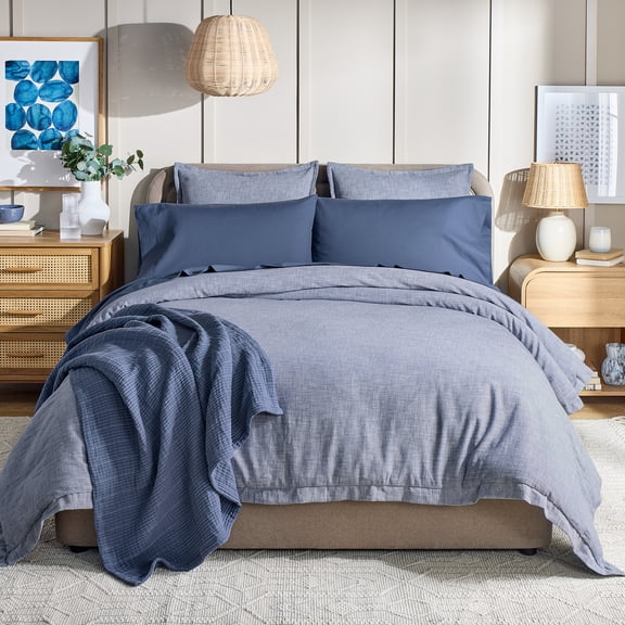 Better Homes & Gardens All in One Reversible Comforter and Sheet Set 8 Piece, King, Heather Chambray Blue