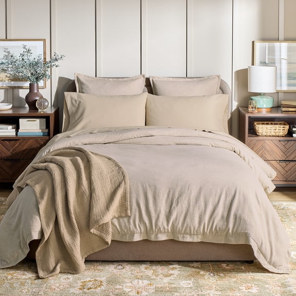 Better Homes & Gardens All in One Reversible Comforter and Sheet Set 8 Piece, King, Heather Chambray Cream