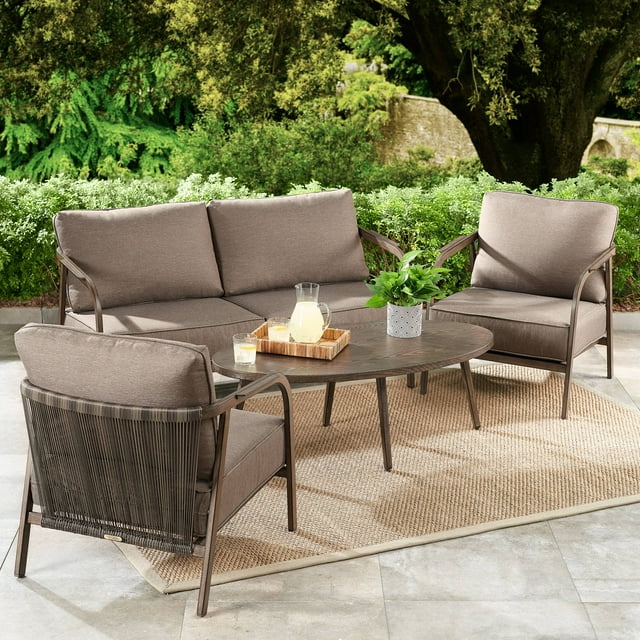 Better Homes & Gardens Arlo 4-Piece Patio Loveseat Set with Beige Cushions